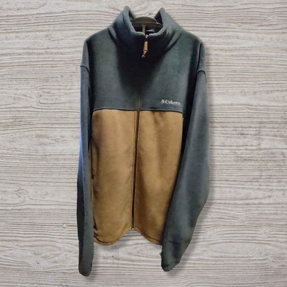 Columbia blue & tan fleece zippered jacket, size XL EUC